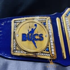 Close-up of the detailed gold-plated plates on the Oswego Girls Basketball Championship Belt, highlighting sharp HD engravings.