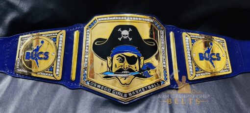 Unique pirate design featured on the Oswego Girls Basketball Championship Belt, symbolizing team spirit and pride.