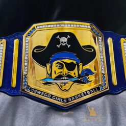 Front view of the Oswego Girls Basketball Championship Belt featuring the BUCS logo and pirate design.