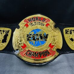 Front view of the ECW Television Championship Belt showcasing the deep etching plates and shiny gold finish.