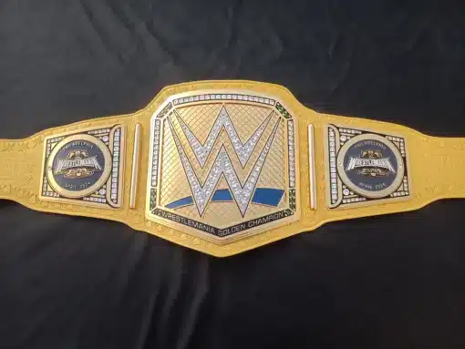 High-quality WrestleMania Championship Belt with gold-plated plates and genuine Gold leather strap – perfect for wrestling fans and collectors.