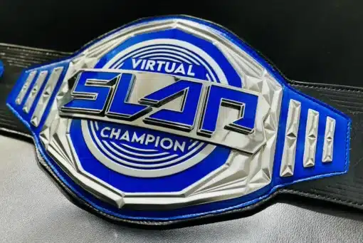 Detailed view of The Power Slap Championship Belt with 15mm thick zinc plates and HD engraving