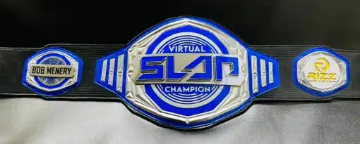 The Power Slap Championship Belt displayed on a stand highlighting its bold design