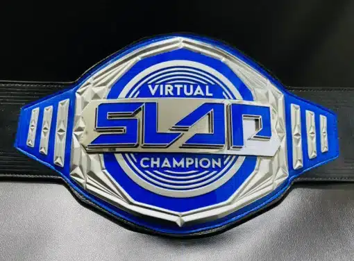 Detailed view of The Power Slap Championship Belt with 15mm thick zinc plates and HD engraving