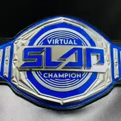 Detailed view of The Power Slap Championship Belt with 15mm thick zinc plates and HD engraving