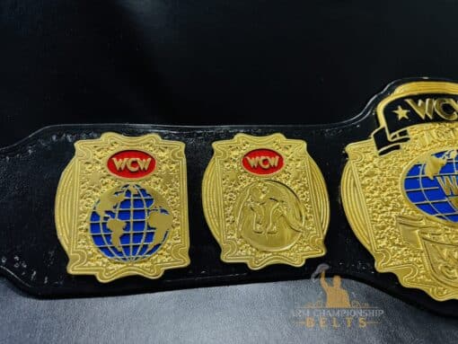 Detailed side plates of the WCW Tag Team Championship Belt with gold-plated finish and iconic WCW engravings.