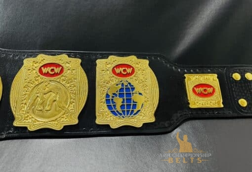 Close-up of the high-quality paint finish on the WCW Tag Team Championship Belt Side plates