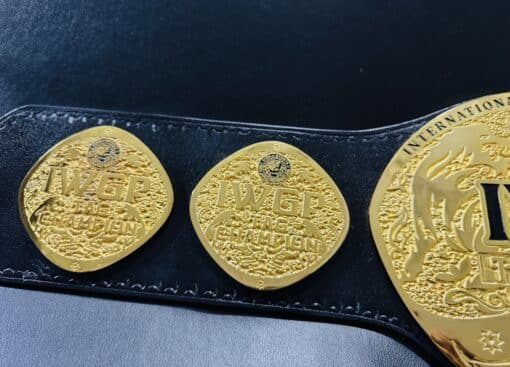 Close-up of the 4mm zinc deep-etched plates on the IWGP Tag Team Championship Belt replica.