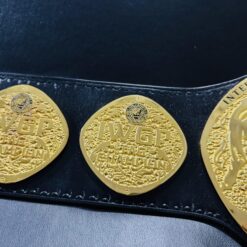 Close-up of the 4mm zinc deep-etched plates on the IWGP Tag Team Championship Belt replica.