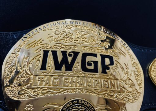 IWGP Tag Team Championship Belt with a shiny gold plate finish, crafted for wrestling fans.