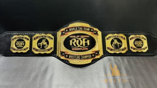 Close-up of the ROH World Tag Team Championship Belt with gold-plated plates and genuine leather strap