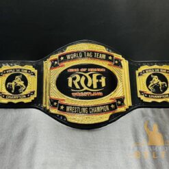 Close-up of the ROH World Tag Team Championship Belt with gold-plated plates and genuine leather strap