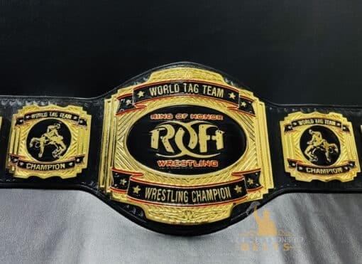 ROH Tag Team Title Belt showcasing its shiny gold-plated surface