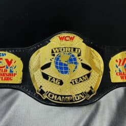 Authentic WCW World Tag Team Championship Belt replica, showcasing shiny gold plates and leather strap.