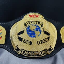 Shiny gold finish on the WCW World Tag Team Championship Belt, capturing authentic look.