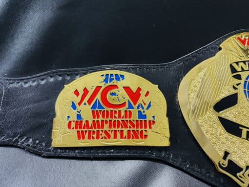 Side plates on the WCW Tag Team Championship Belt with customizable logo options.