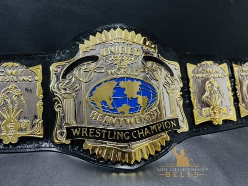 Unified USWA World Title Belt replica showing its vintage design and shiny chrome plating.