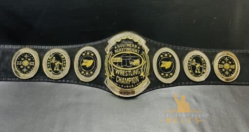 : Front view of the Southern Heavyweight Championship Belt showcasing the deep etching plates and shiny gold finish.