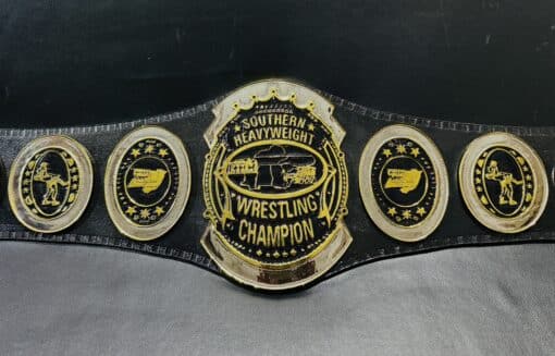 Detailed close-up of the Southern Heavyweight Championship Belt highlighting the chrome plating and intricate design.