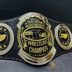 Southern Heavyweight Championship Belt displayed among other classic wrestling memorabilia, perfect for collectors and fans.