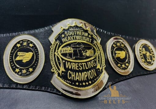 Southern Heavyweight Championship Belt displayed among other classic wrestling memorabilia, perfect for collectors and fans.