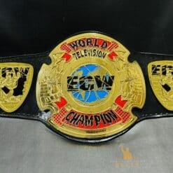 Detailed close-up of the ECW Television Championship Belt highlighting the chrome plating and intricate design.