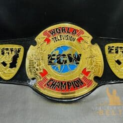 Detailed close-up of the ECW Television Championship Belt highlighting the chrome plating and intricate design.