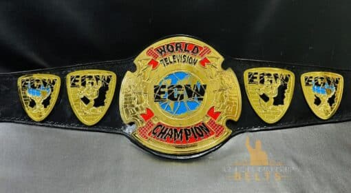 Detailed close-up of the ECW Television Championship Belt highlighting the chrome plating and intricate design.