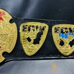 Side profile of the ECW Television Championship Belt, featuring its elegant craftsmanship and genuine leather strap.