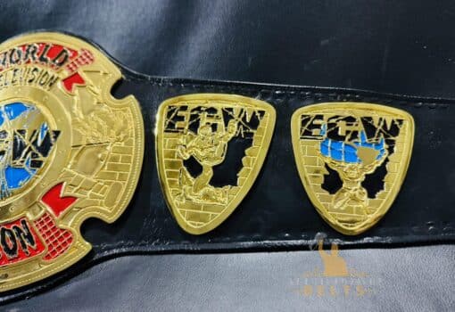 Side profile of the ECW Television Championship Belt, featuring its elegant craftsmanship and genuine leather strap.