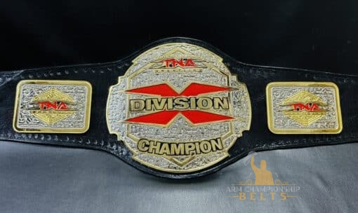 Front view of the TNA X Division Championship Belt showcasing the deep etching plates and shiny gold finish.