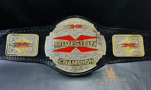 Front view of the TNA X Division Championship Belt showcasing the deep etching plates and shiny gold finish.