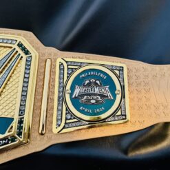 Side view of the WrestleMania 40 Golden Replica Belt displaying its authentic design and elegant profile.