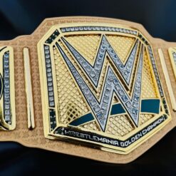 Detailed shot of the sparkling embellishments on the WrestleMania 40 Golden Replica Belt, capturing its brilliance.