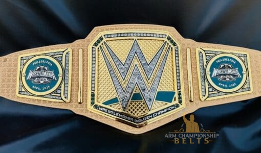 WrestleMania 40 Golden Championship Belt featuring customization options, showcasing the potential for personalized designs.