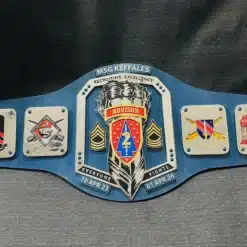 Full-length custom championship belt featuring military award titles, custom designs, and durable craftsmanship for Armed Forces members.