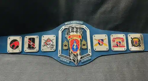 Full-length custom championship belt featuring military award titles, custom designs, and durable craftsmanship for Armed Forces members.