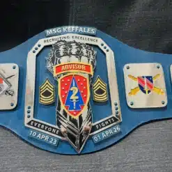 Military awards belt created for US Army, US Navy, and Armed Forces, featuring unique plate engravings and quality leather.