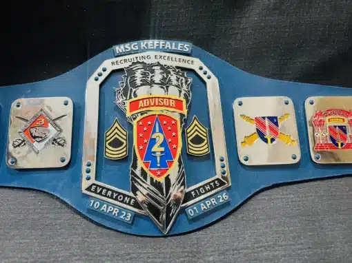 Military awards belt created for US Army, US Navy, and Armed Forces, featuring unique plate engravings and quality leather.