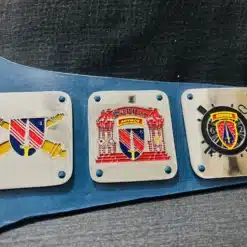 Side plates showcasing custom military logos, insignias, and unit symbols representing US Army and Armed Forces units.