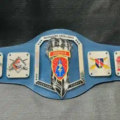 military awards highlighted on a custom military championship belt with side plates and detailed main plate.