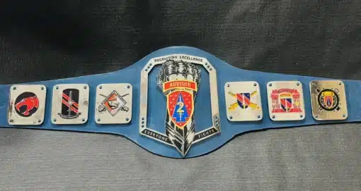 military awards highlighted on a custom military championship belt with side plates and detailed main plate.