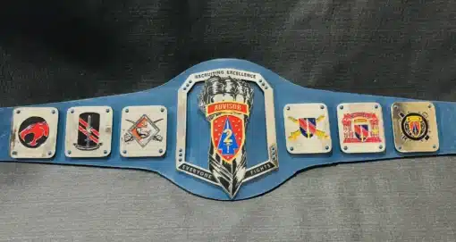 military awards highlighted on a custom military championship belt with side plates and detailed main plate.