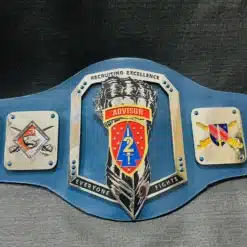 Custom championship belt crafted for the Department of the Army, featuring military insignias and unit-specific designs.