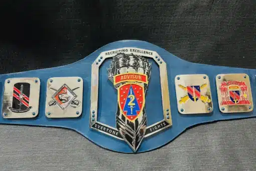 Custom championship belt crafted for the Department of the Army, featuring military insignias and unit-specific designs.