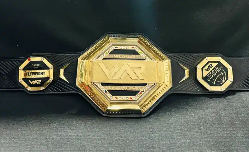 Customizable UFC-style championship belt featuring a custom logo on the main plate.