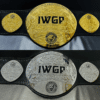 IWGP Tag Team Championship Belt replica, featuring shiny gold plates and a genuine leather strap.