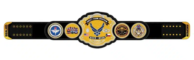 Military-themed championship belt with eagle and flag designs.