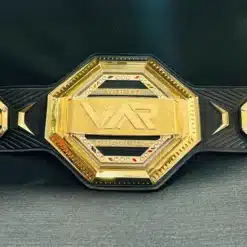 Custom UFC championship belt with gold plating and engraved design.