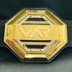 Custom UFC championship belt with gold plating and engraved design.